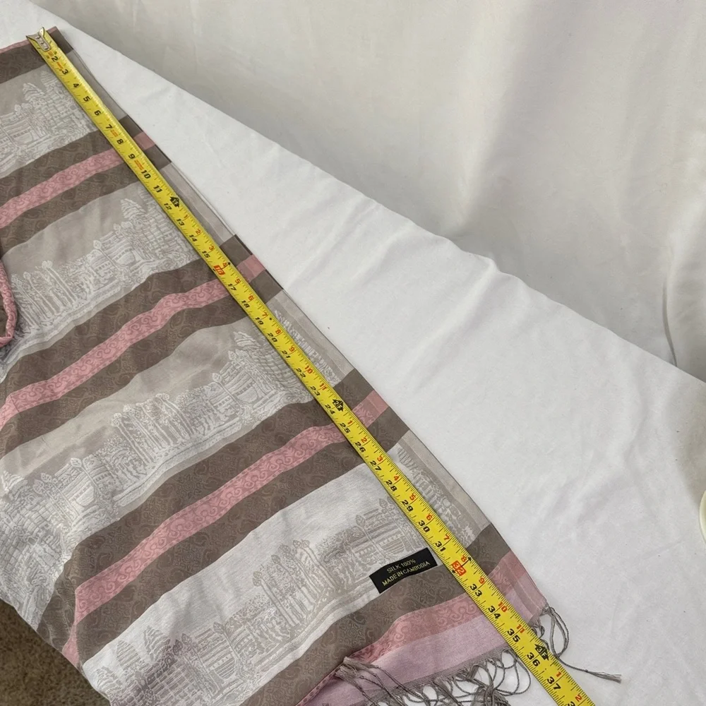 Elegant Pink and Brown Silk Striped Scarf with Angkor Wat Motif.